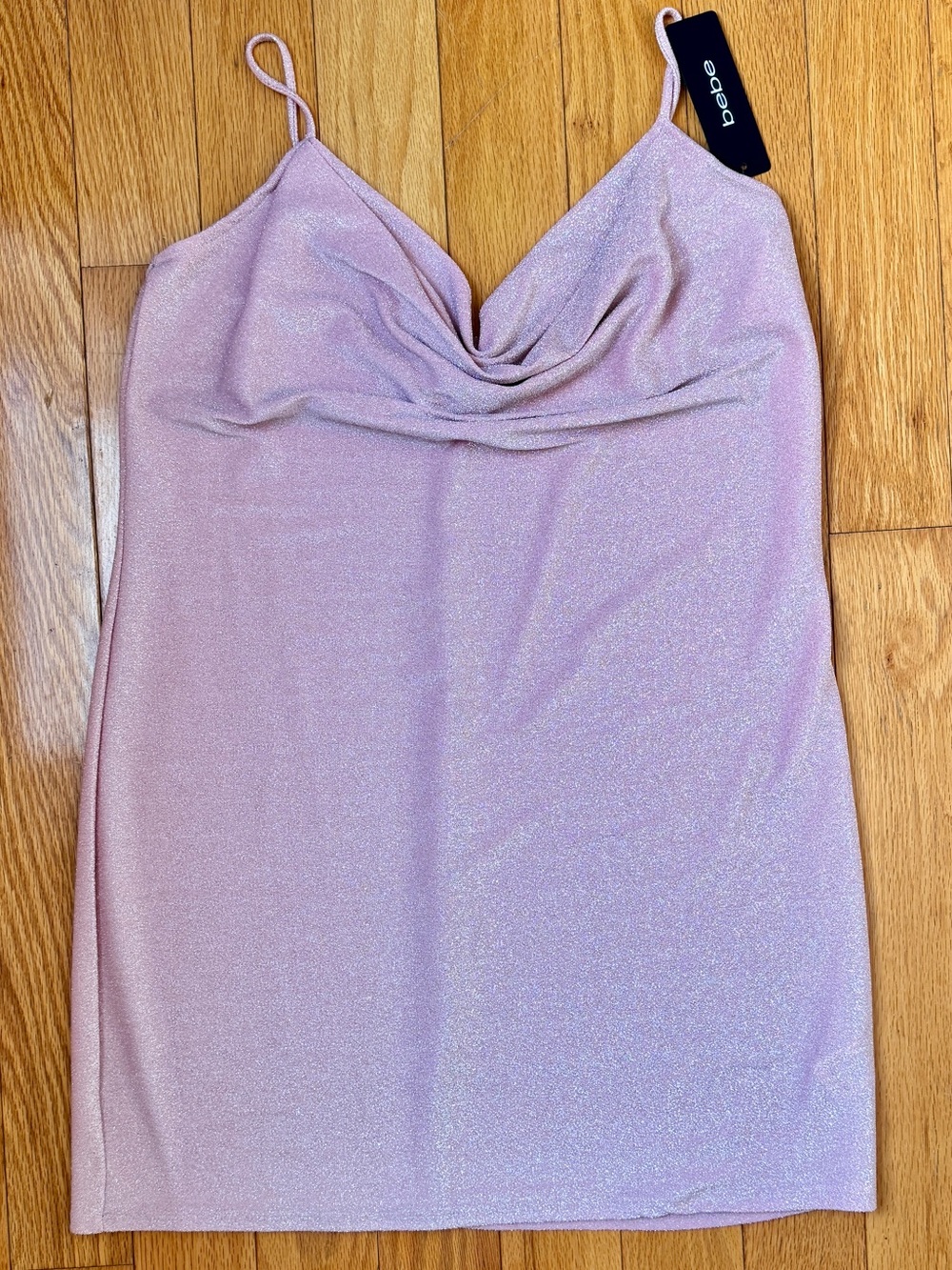 bebe Pink Shimmer Cowl Neck Mini Dress